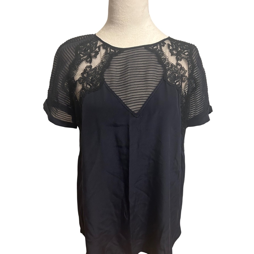 Rebecca Taylor size 8 Navy Blue Silk Lace Sheer dark romantic dressy blouse